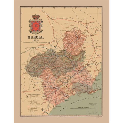 Murcia Spain 1902 - Martine 1904 Gold Ornate Wood Framed Art Print with Double Matting by Martine