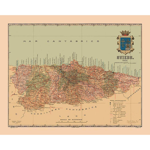 Oviedo Spain 1901 - Martine 1904 Gold Ornate Wood Framed Art Print with Double Matting by Martine