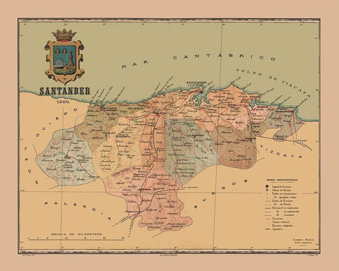 Santander Spain 1900 - Martine 1904 Black Ornate Wood Framed Art Print with Double Matting by Martine