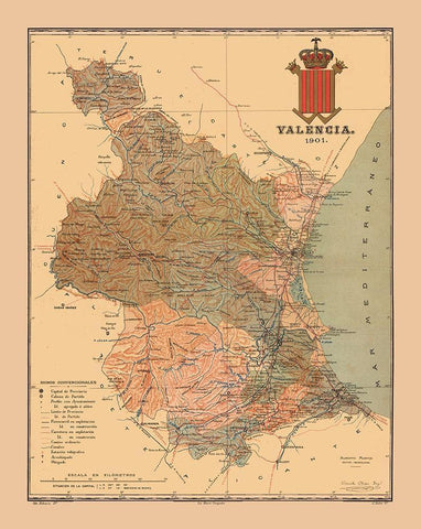 Valencia Spain 1901 - Martine 1904 Black Ornate Wood Framed Art Print with Double Matting by Martine