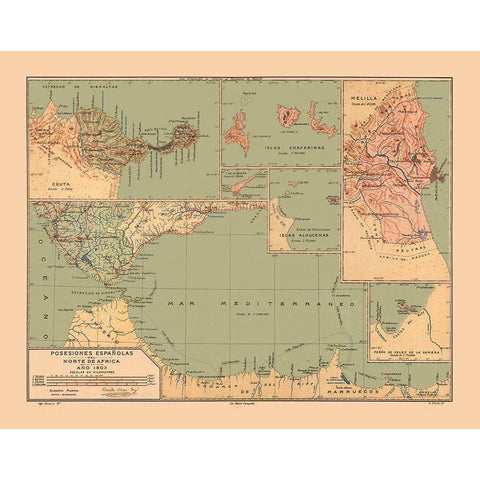 North Africa Possessions Spain - Martine 1904 Black Modern Wood Framed Art Print by Martine