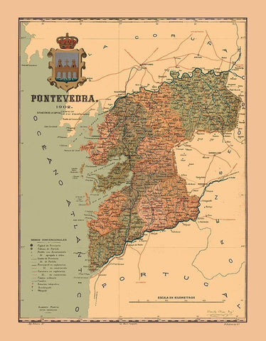 Pontevedra Spain 1902 - Martine 1904 Black Ornate Wood Framed Art Print with Double Matting by Martine