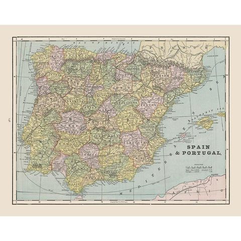 Spain Portugal - Cram 1892 Black Modern Wood Framed Art Print with Double Matting by Cram