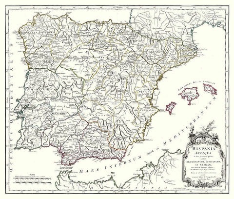 Ancient Spain - Vaugondy 1757 Black Ornate Wood Framed Art Print with Double Matting by Vaugondy