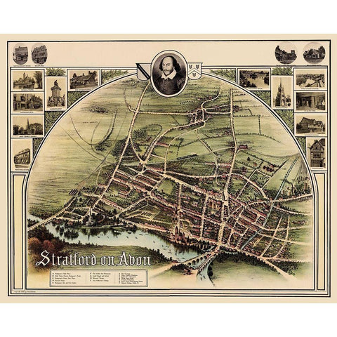 Stratford upon Avon England Panoramic - Brown 1908 Black Modern Wood Framed Art Print with Double Matting by Brown