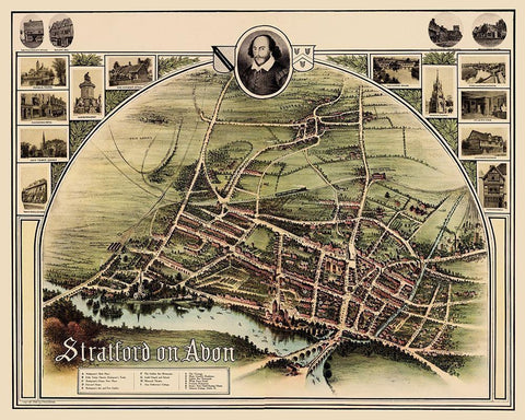 Stratford upon Avon England Panoramic - Brown 1908 Black Ornate Wood Framed Art Print with Double Matting by Brown
