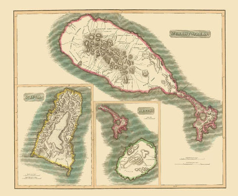 St Christophers St Lucia Nevis - Thomson 1815 Black Ornate Wood Framed Art Print with Double Matting by Thomson