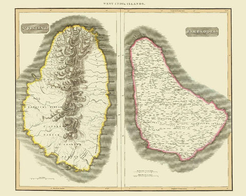 St Vincent Barbados - Thomson 1814 Black Ornate Wood Framed Art Print with Double Matting by Thomson