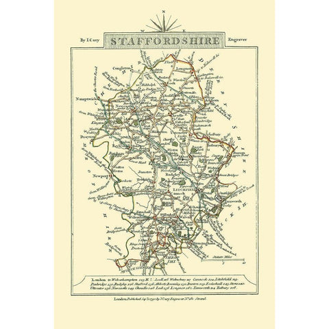 Staffordshire County England - Cary 1792 Black Modern Wood Framed Art Print with Double Matting by Cary