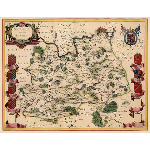 Surrey County England - Blaeu 1646 White Modern Wood Framed Art Print by Blaeu