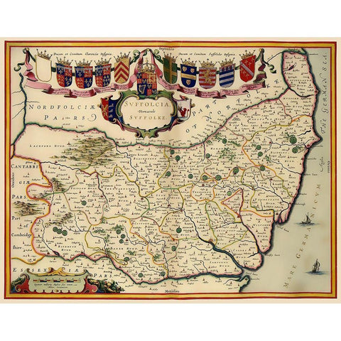 Suffolk County England - Blaeu 1646 Black Modern Wood Framed Art Print with Double Matting by Blaeu
