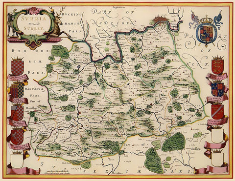 Surrey County England - Blaeu 1645 White Modern Wood Framed Art Print with Double Matting by Blaeu