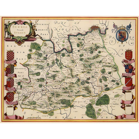 Surrey County England - Blaeu 1645 Black Modern Wood Framed Art Print with Double Matting by Blaeu