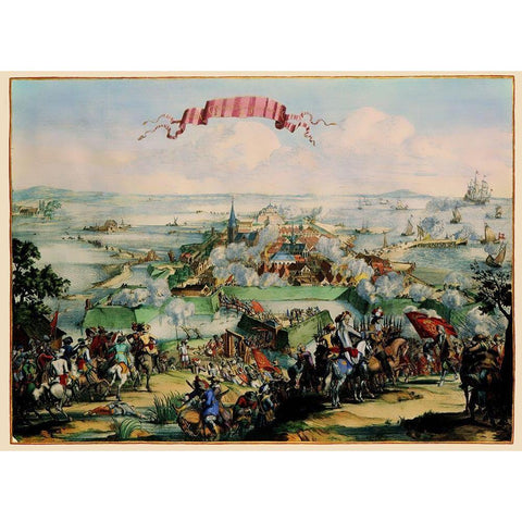 Kristianstad Sweden Panoramic - DeHooghe 1675 Gold Ornate Wood Framed Art Print with Double Matting by De Hooghe