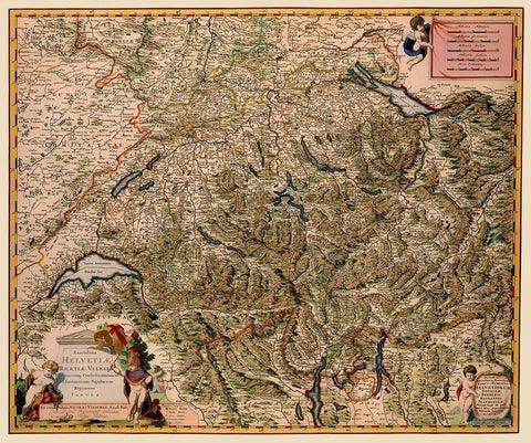 Switzerland - Visscher 1658 Black Ornate Wood Framed Art Print with Double Matting by Visscher