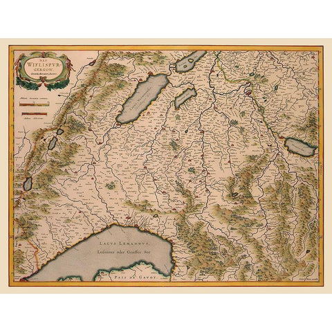 Southwest Switzerland - Blaeu 1610 Black Modern Wood Framed Art Print with Double Matting by Blaeu