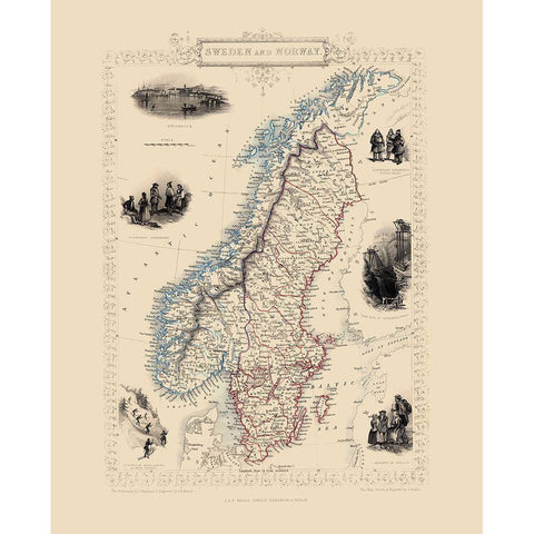 Sweden Norway - Tallis 1851 White Modern Wood Framed Art Print by Tallis