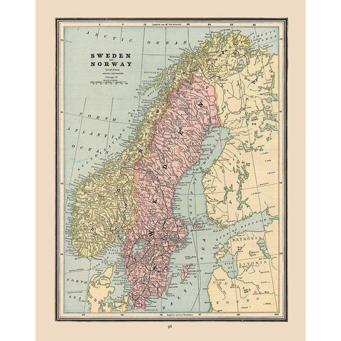 Sweden Norway - Cram 1888 Gold Ornate Wood Framed Art Print with Double Matting by Cram