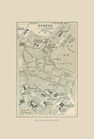 Geneva Switzerland Route Plan - Swiss Guide 1917 Black Ornate Wood Framed Art Print with Double Matting by Swiss Guide