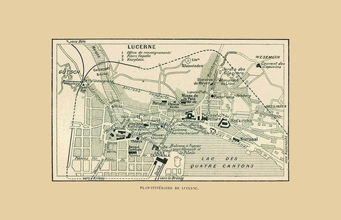 Lucerne Switzerland Route Plan - Swiss Guide 1917 Black Ornate Wood Framed Art Print with Double Matting by Swiss Guide