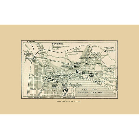 Lucerne Switzerland Route Plan - Swiss Guide 1917 White Modern Wood Framed Art Print by Swiss Guide