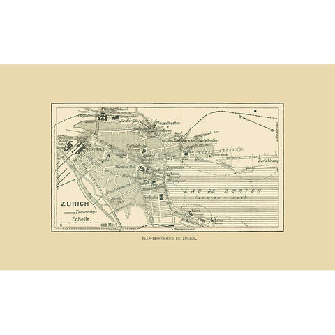 Zurich Switzerland Route Plan - Swiss Guide 1917 White Modern Wood Framed Art Print by Swiss Guide