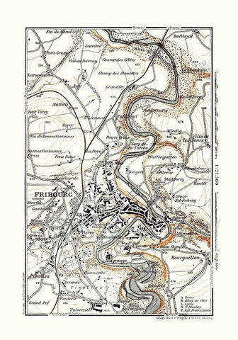 Fribourg Switzerland - Baedeker 1921 Black Ornate Wood Framed Art Print with Double Matting by Baedeker