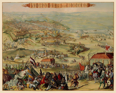 Stettin Conquest Poland - DeHooghe 1675 White Modern Wood Framed Art Print with Double Matting by De Hooghe