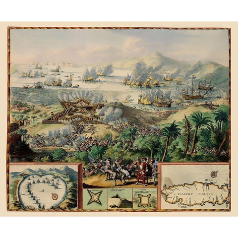 Battle Caribbean Tobago - DeHooghe 1677 Black Modern Wood Framed Art Print with Double Matting by De Hooghe