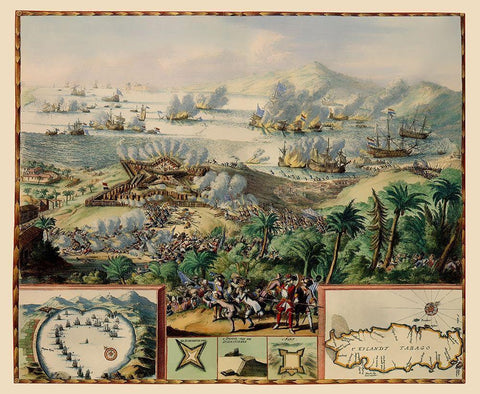 Battle Caribbean Tobago - DeHooghe 1677 Black Ornate Wood Framed Art Print with Double Matting by De Hooghe
