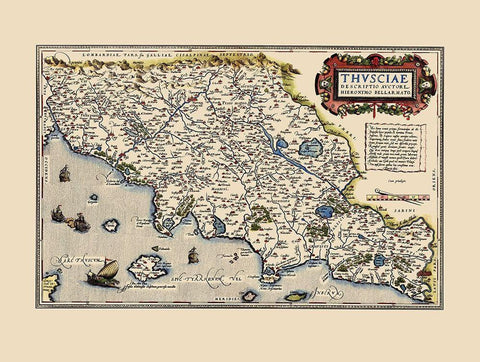 Tuscany Region Italy - Ortelius 1573 Black Ornate Wood Framed Art Print with Double Matting by Ortelius