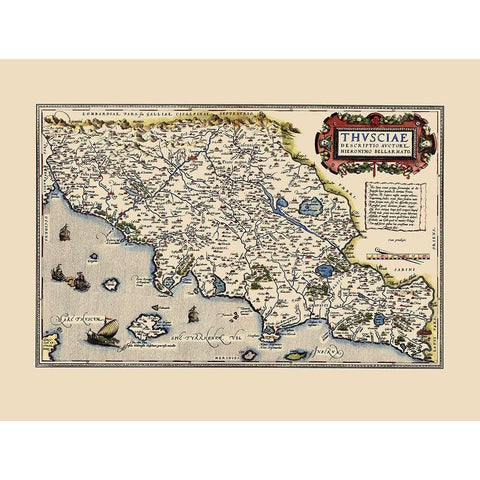 Tuscany Region Italy - Ortelius 1573 Gold Ornate Wood Framed Art Print with Double Matting by Ortelius