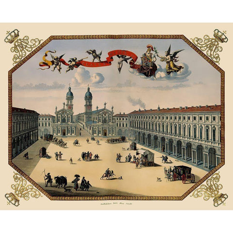 Turin Panoramic Italy - Blaeu 1682 Black Modern Wood Framed Art Print with Double Matting by Blaeu