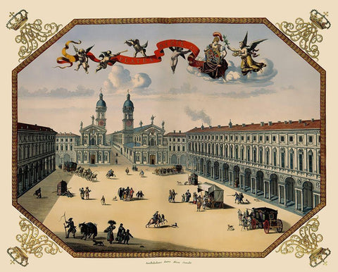 Turin Panoramic Italy - Blaeu 1682 Black Ornate Wood Framed Art Print with Double Matting by Blaeu