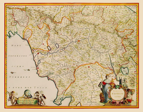 Tuscany Region Italy - Blaeu 1635 Black Ornate Wood Framed Art Print with Double Matting by Blaeu