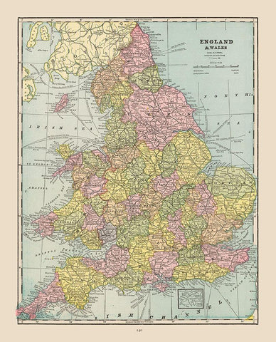 England Wales - Cram 1892 Black Ornate Wood Framed Art Print with Double Matting by Cram