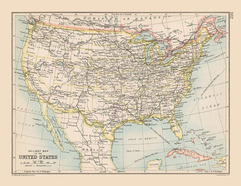 Railway Map of United States - Bartholomew 1892 Black Ornate Wood Framed Art Print with Double Matting by Unknown