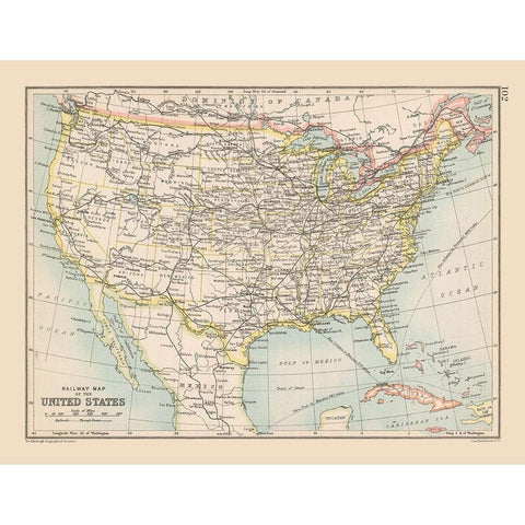 Railway Map of United States - Bartholomew 1892 Gold Ornate Wood Framed Art Print with Double Matting by Unknown