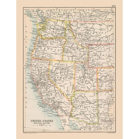 Western United States - Bartholomew 1892 Gold Ornate Wood Framed Art Print with Double Matting by Bartholomew