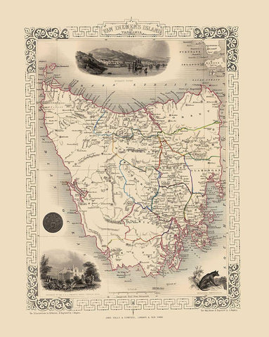 Van Diemens Land Tasmania Australia - Tallis 1851 Black Ornate Wood Framed Art Print with Double Matting by Tallis