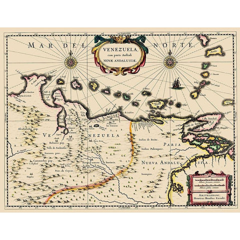 South America Venezuela - Blaeu 1680 Black Modern Wood Framed Art Print with Double Matting by Blaeu