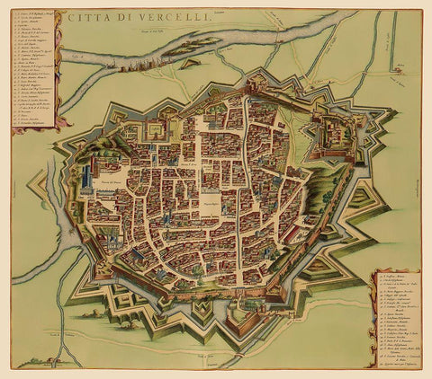 Vercelli Panoramic Italy - Blaeu 1682 Black Ornate Wood Framed Art Print with Double Matting by Blaeu