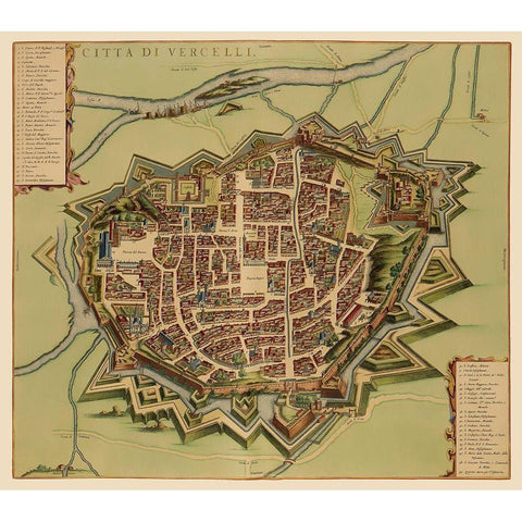 Vercelli Panoramic Italy - Blaeu 1682 Gold Ornate Wood Framed Art Print with Double Matting by Blaeu