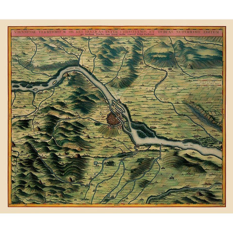 Vienna Austria Panoramic - Visscher 1683 Black Modern Wood Framed Art Print by Visscher