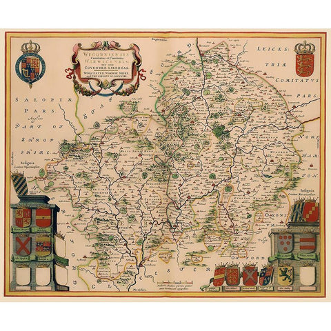 Warwickshire Worcestershire England - Jansson 1646 Black Modern Wood Framed Art Print with Double Matting by Jansson