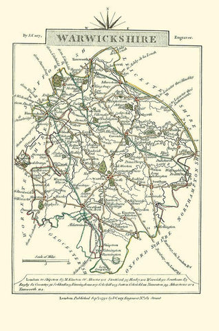 Warwickshire County England - Cary 1792 Black Ornate Wood Framed Art Print with Double Matting by Cary