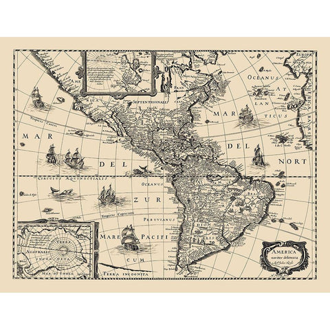 Western Hemisphere - Hondius 1640 Gold Ornate Wood Framed Art Print with Double Matting by Hondius