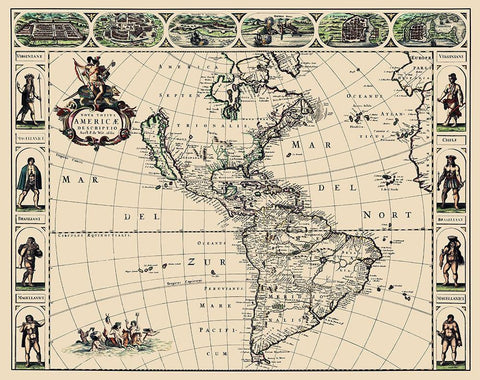 Western Hemisphere - De Wit 1660 Black Ornate Wood Framed Art Print with Double Matting by De Wit