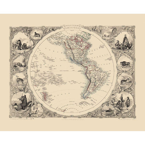 Western Hemisphere - Tallis 1851 White Modern Wood Framed Art Print by Tallis