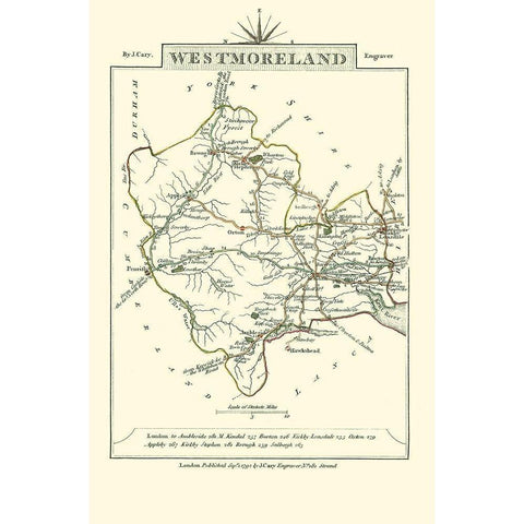 Westmoreland County England - Cary 1792 Black Modern Wood Framed Art Print with Double Matting by Cary